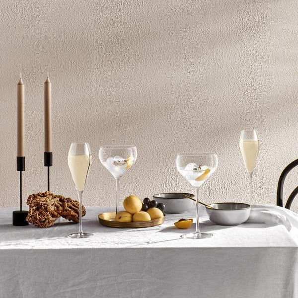 Crystal champagne glasses set on table